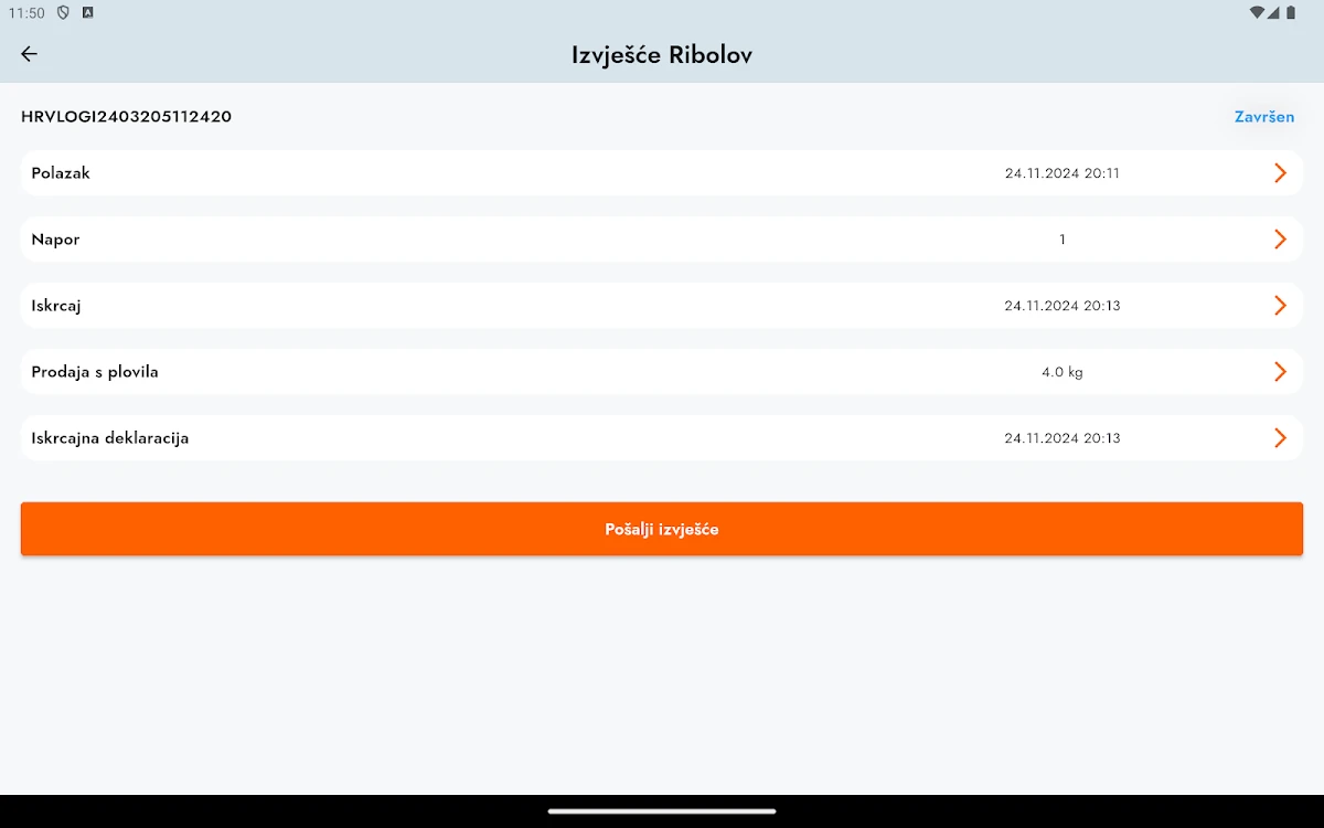 Current mIzvjesce tablet report showing trip activities and the orange submission button