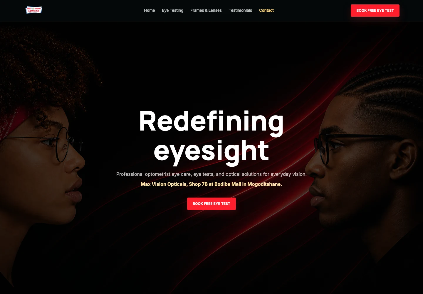 Max Vision Opticals desktop website with eye test booking
