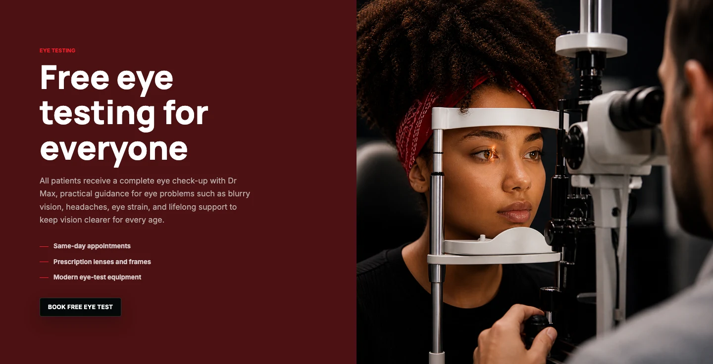 Max Vision Opticals website section explaining free eye testing