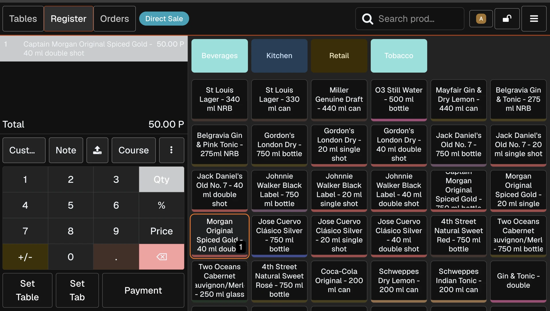 Actual POS register showing table orders, categories and payments